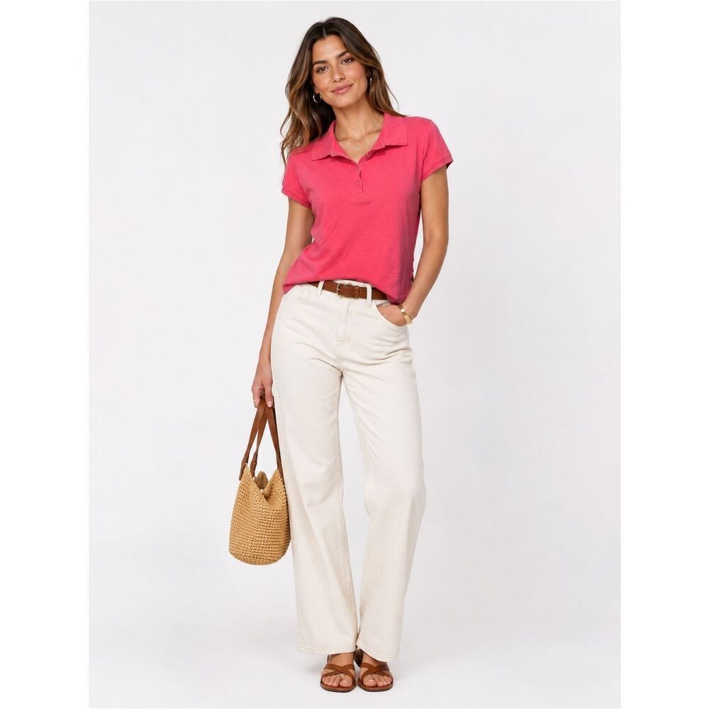 VINTAGE J. Crew Solid Bright Pink Short Sleeve Polo Blouse Cotton size XL